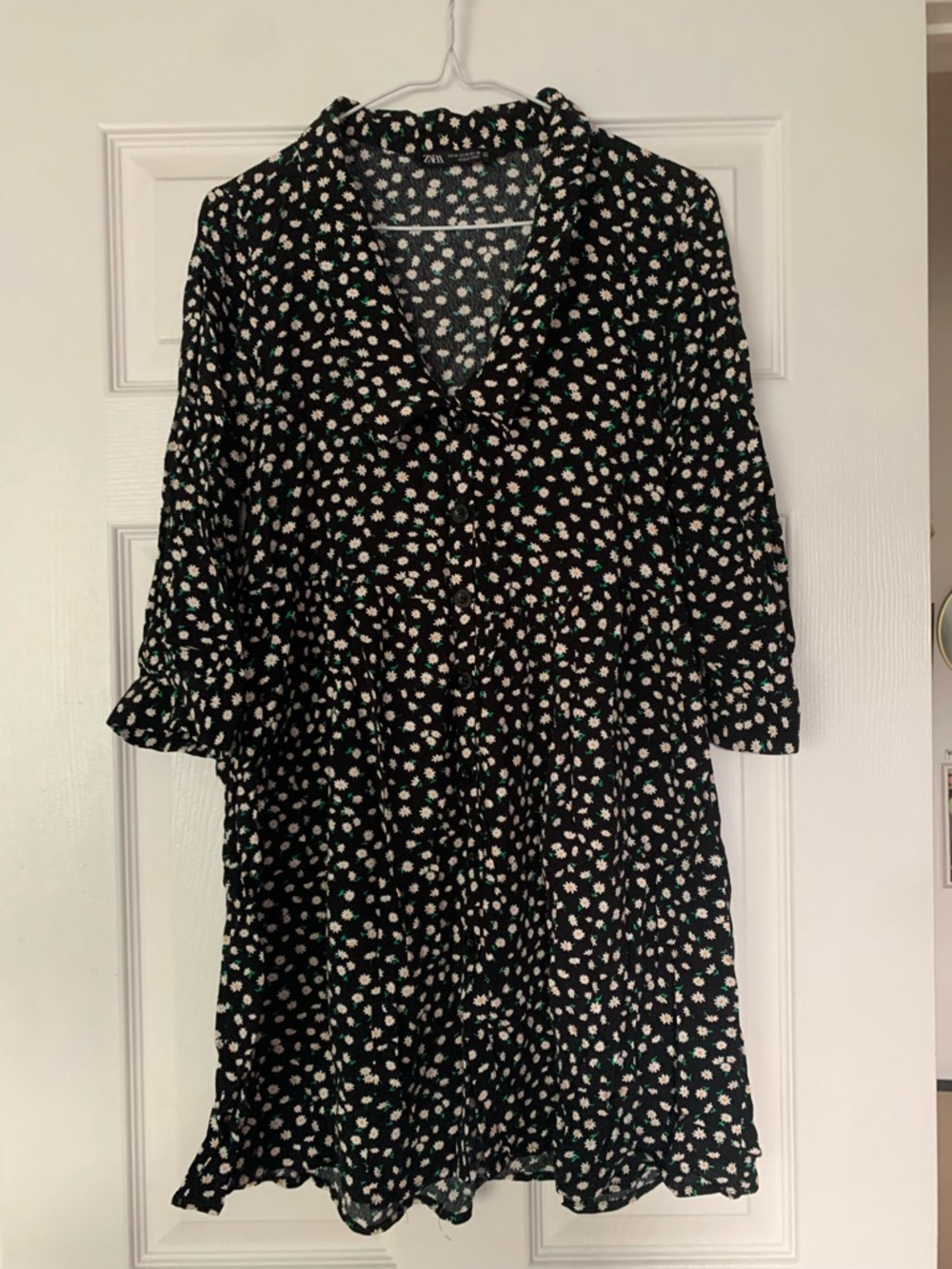 Zara Black Floral Midi Dress with White Daisy Print
